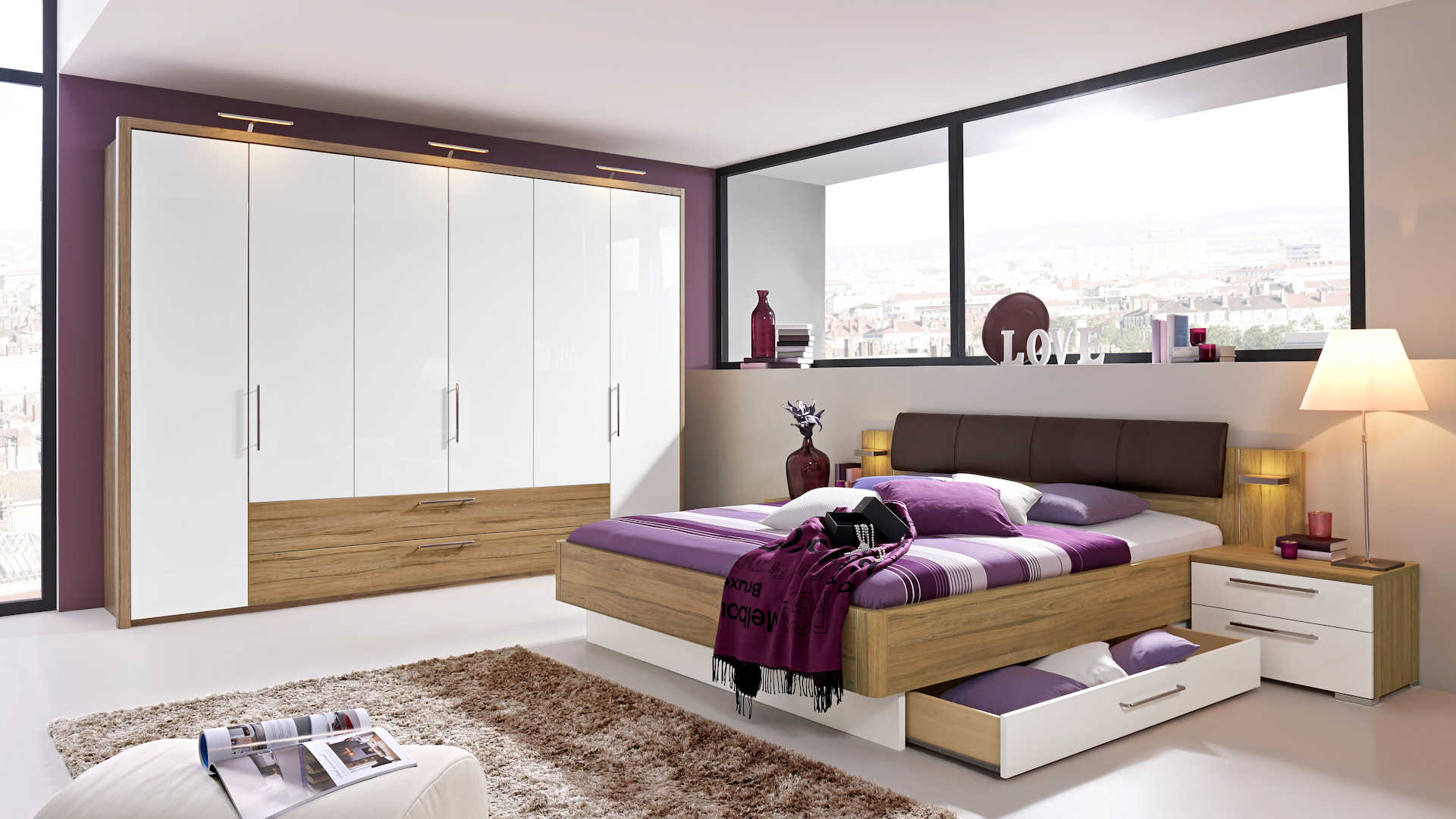 Schlafzimmer Z20760 - Hochglanz weiß mit Holzoptik